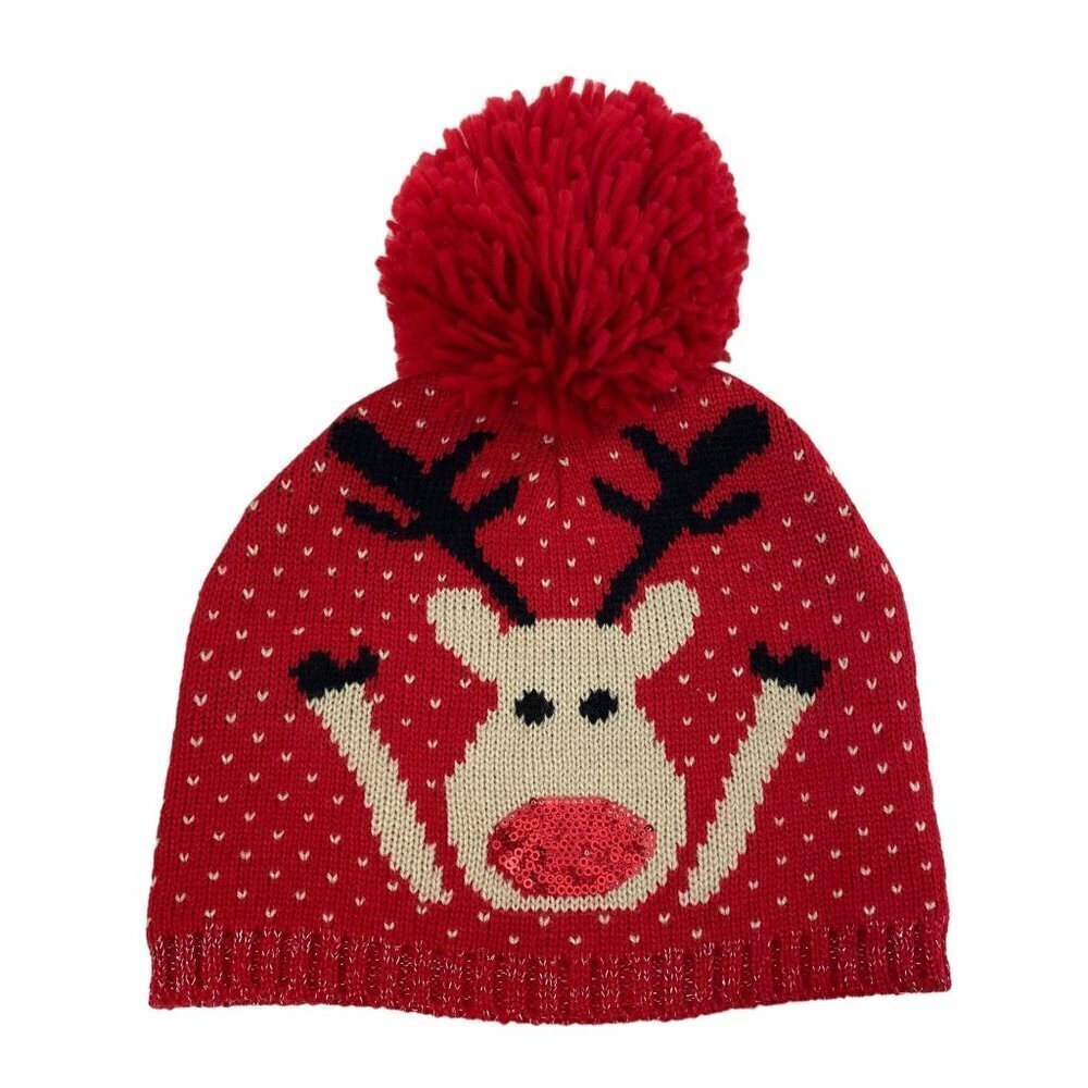 Nordic Reindeer Beanie Hat with Pompom Holiday Knit Cap